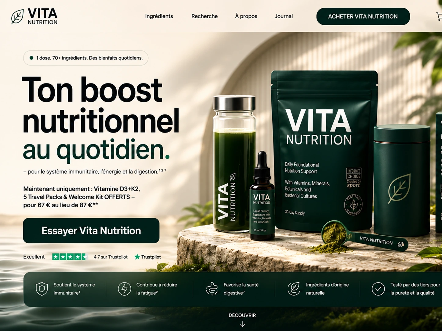 Landing page e-commerce Vita Nutrition pour un pack nutritionnel quotidien