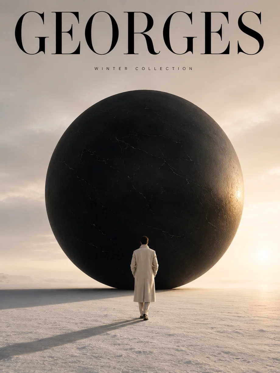 Visuel de campagne GEORGES Winter Collection avec silhouette en manteau blanc face à une sphère noire dans un décor hivernal