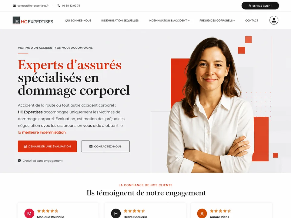 Page d'accueil du site HC Expertises retravaillée par Arkeris pour renforcer la confiance et la lisibilité du cabinet