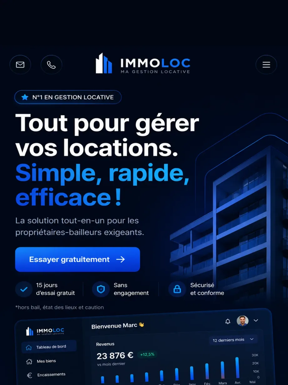 Application web Immoloc pour la gestion locative avec tableau de bord, revenus, biens, documents, messages et alertes