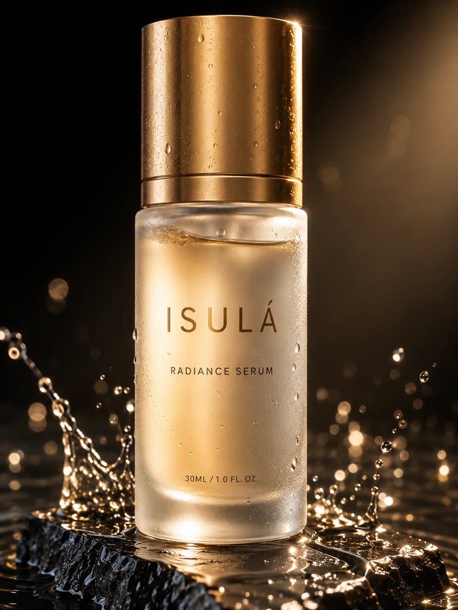 Visuel produit cosmétique Isulá Radiance Serum avec flacon doré, gouttes d'eau et décor lumineux