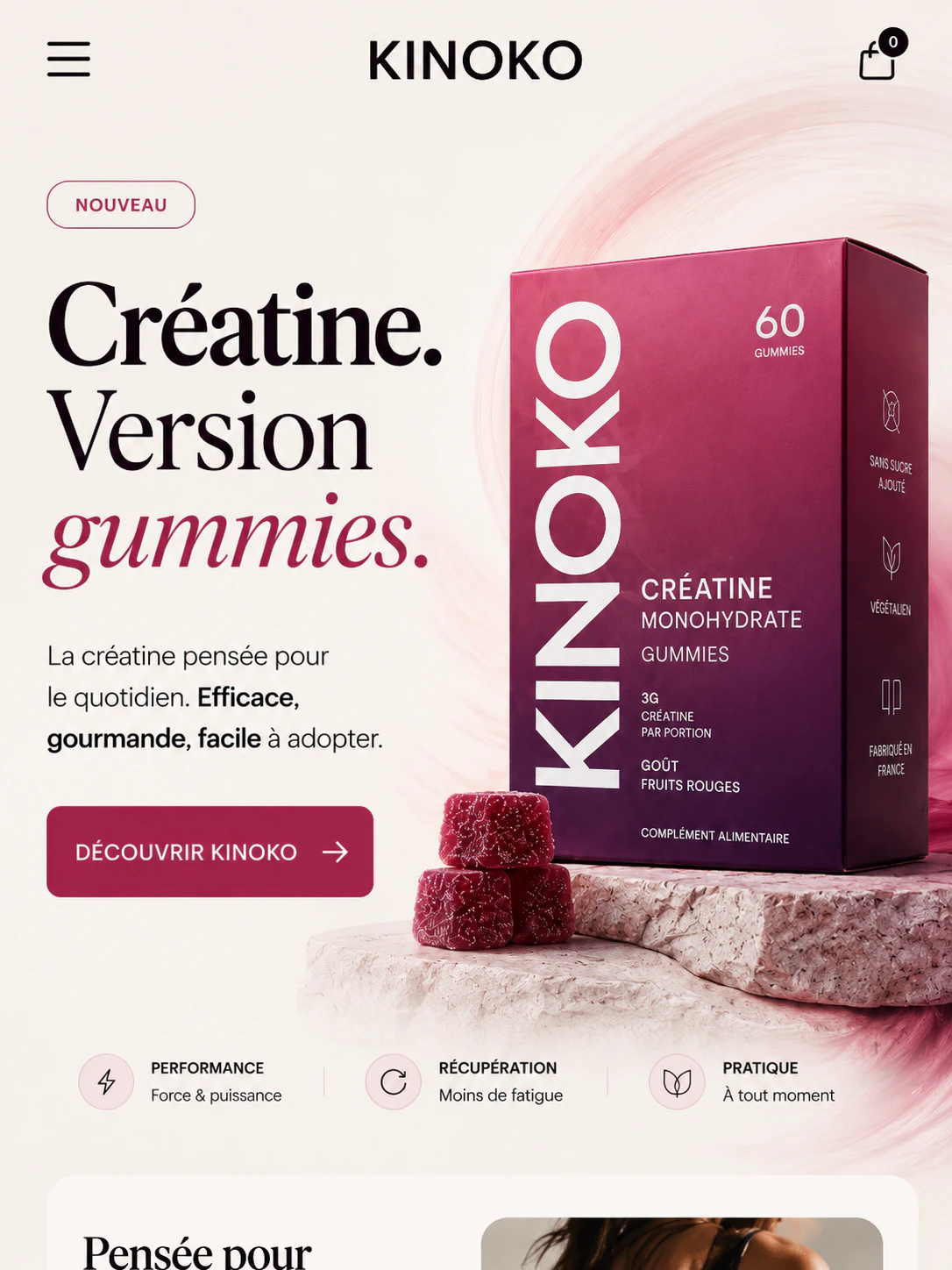 Interface e-commerce Kinoko pour une landing produit de gummies à la créatine