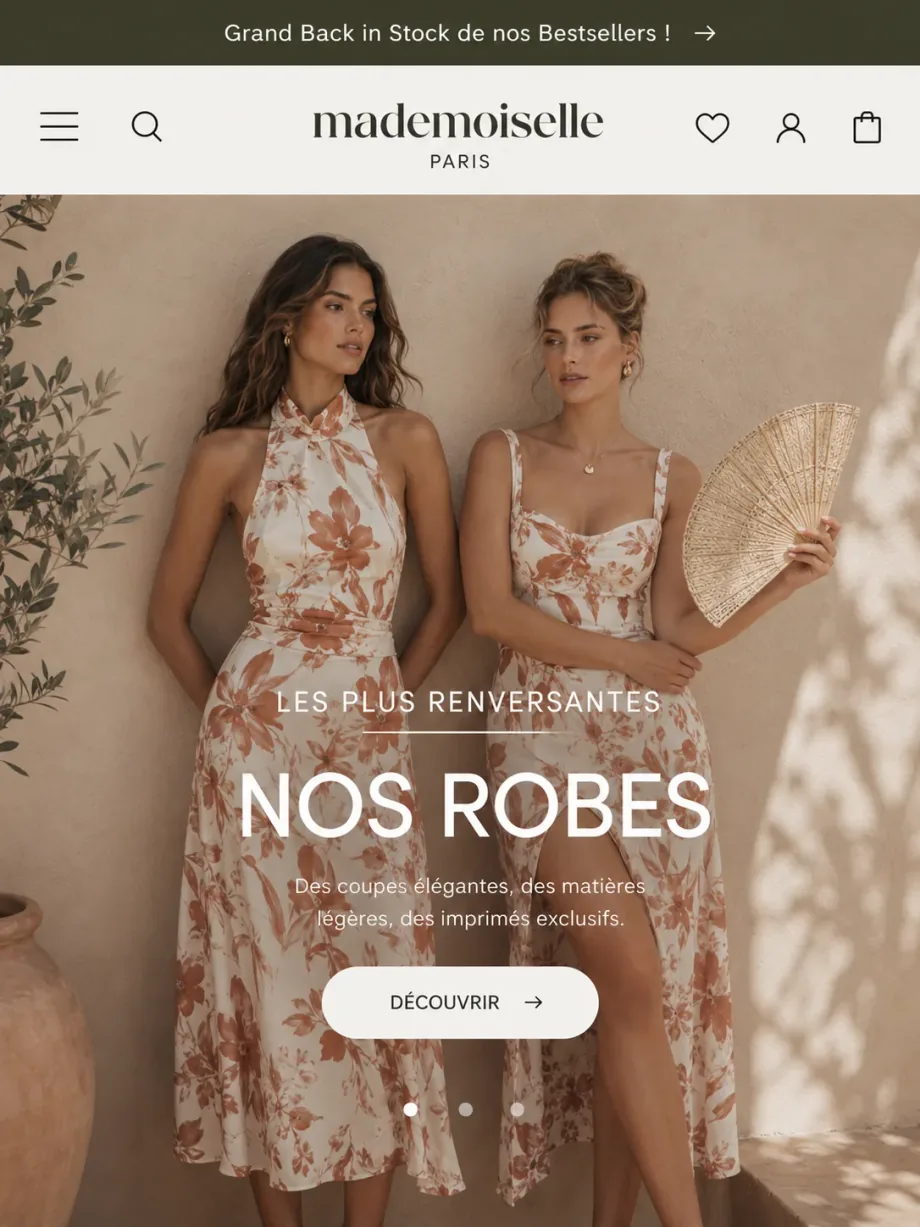 Boutique en ligne Mademoiselle Paris avec collection de robes, favoris, compte client et panier