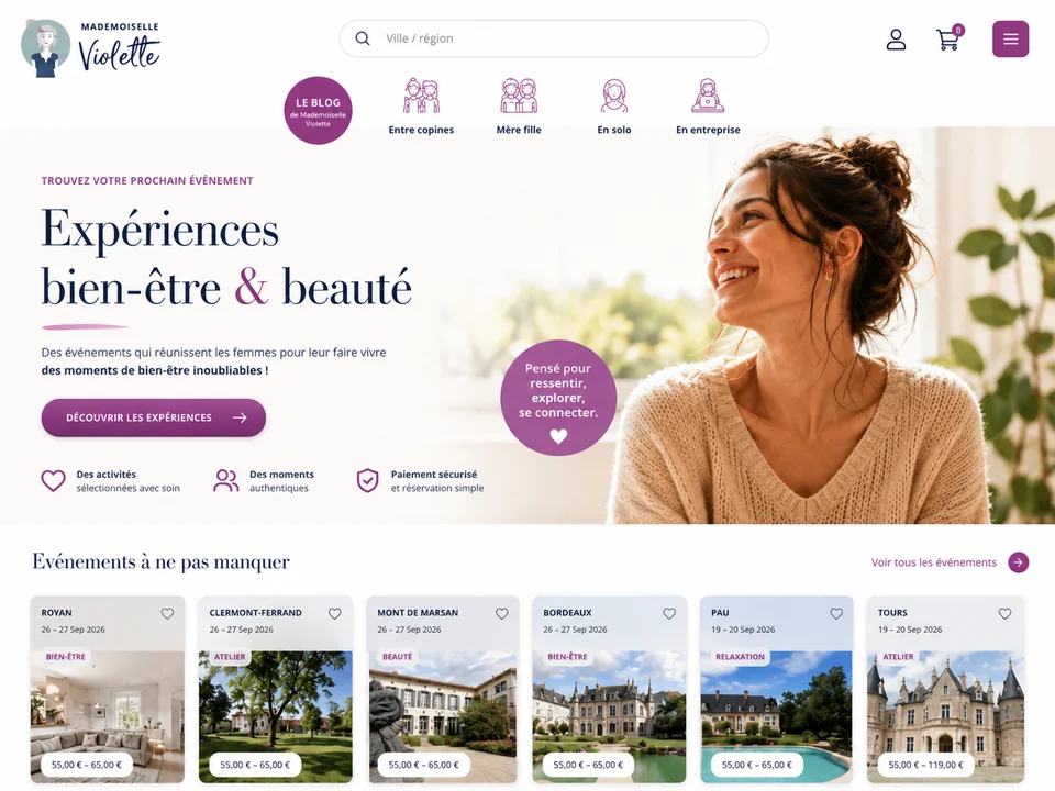 Page d'accueil du site Mademoiselle Violette conçu sous WordPress avec catalogue événementiel et billetterie e-commerce