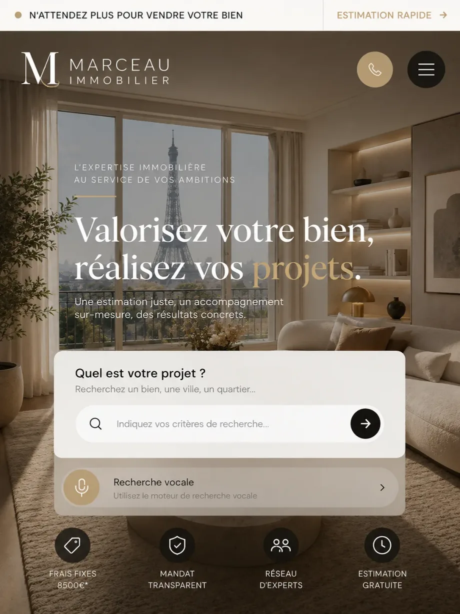 Site vitrine Marceau Immobilier avec parcours d'estimation, recherche de biens et univers premium