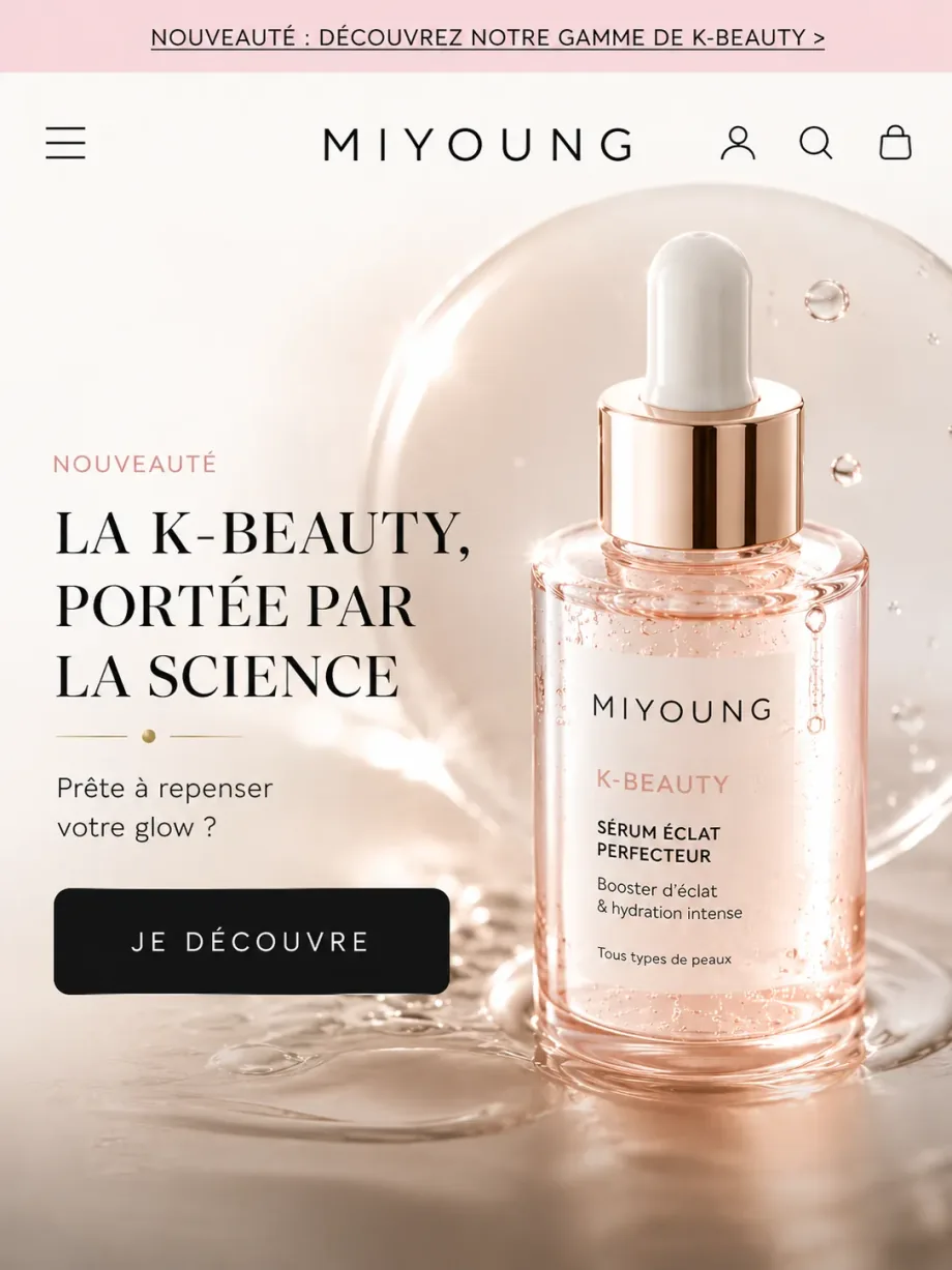 Site e-commerce Miyoung pour une gamme K-beauty avec hero produit, navigation boutique, recherche, compte client et panier