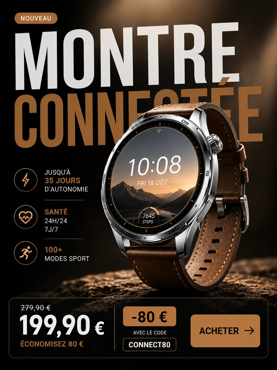 Création publicitaire verticale pour montre connectée avec bénéfices produit, prix promotionnel, code de réduction et bouton acheter