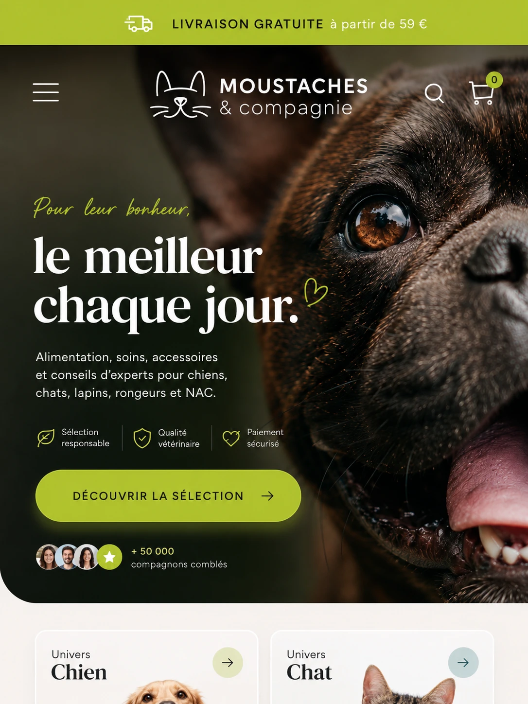 Interface e-commerce Moustaches & compagnie pour une sélection d'alimentation et accessoires animaux