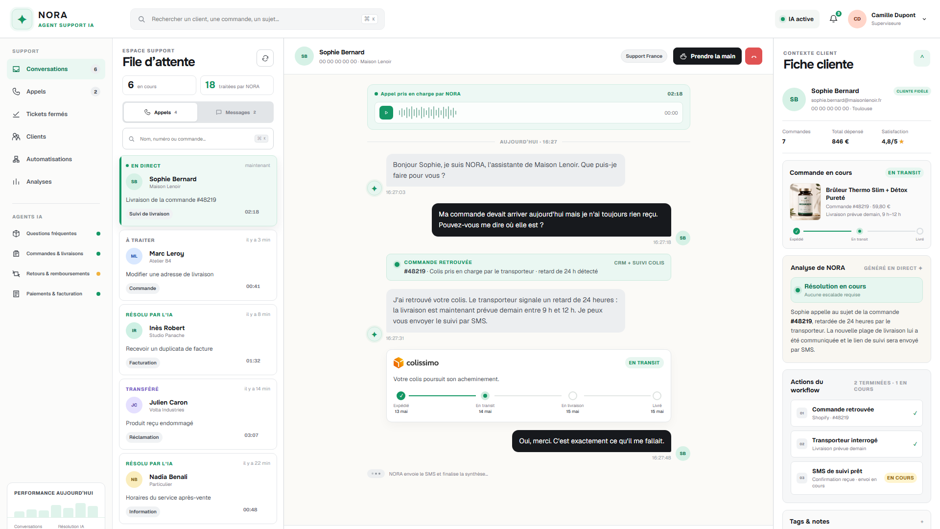 Interface de l'agent IA NORA pendant un appel de support, connectée à Shopify et au suivi Colissimo