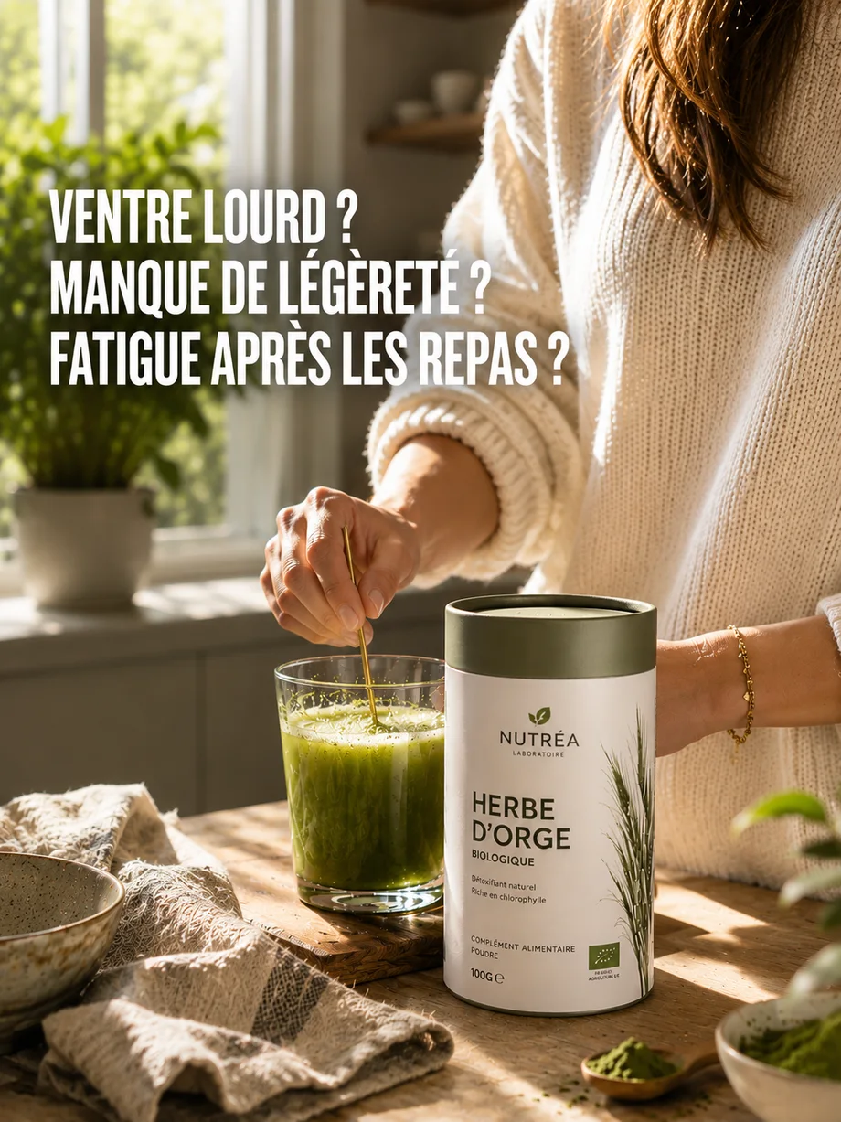 Création publicitaire Nutréa Herbe d'Orge avec complément alimentaire bio, verre de boisson verte et accroche Ventre lourd ? Manque de légèreté ? Fatigue après les repas ?