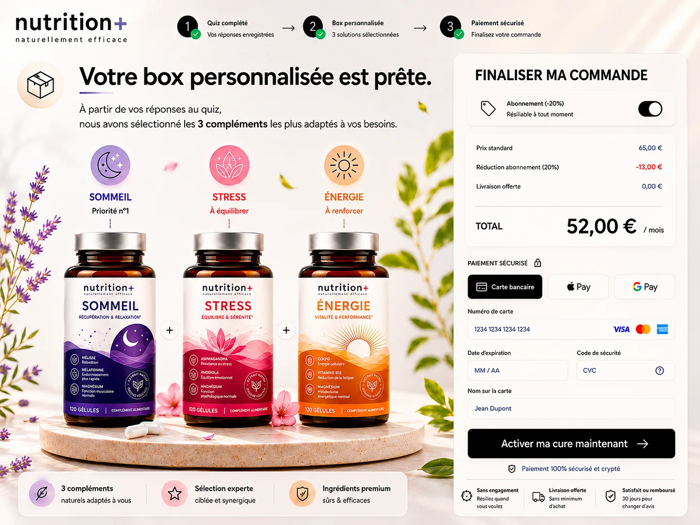 Plateforme Nutrition+ développée pour une marque de compléments alimentaires, avec questionnaire complété, box personnalisée, abonnement et paiement sécurisé