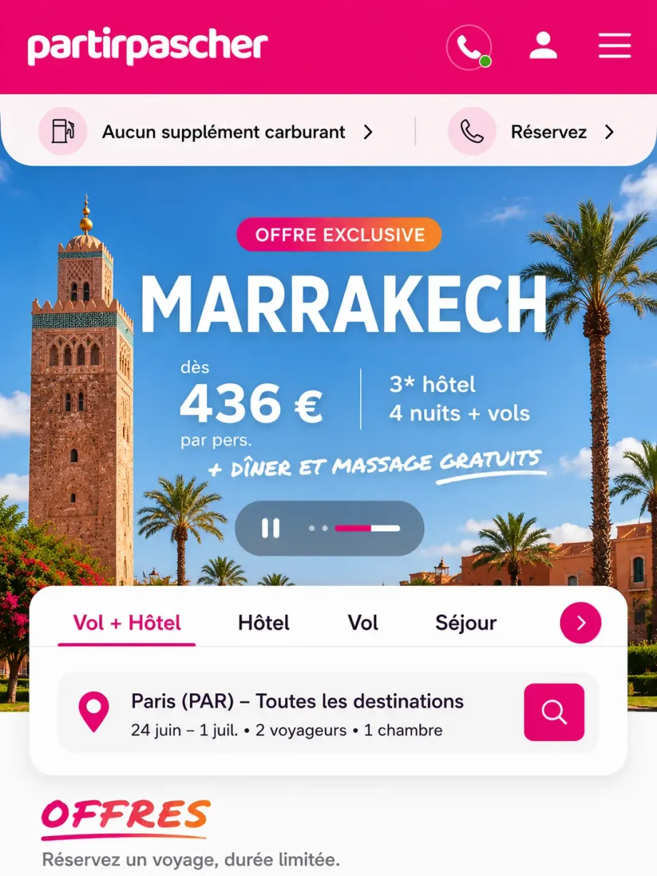 Site de réservation Partirpascher avec offre Marrakech, filtres de séjour, moteur de recherche et appel à réserver