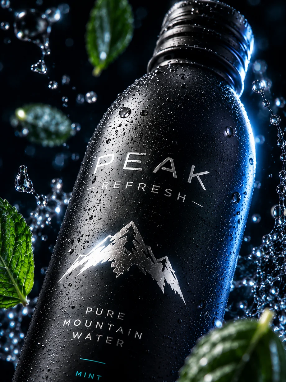 Photo produit lifestyle d'une bouteille noire Peak Refresh dans un décor aquatique avec gouttes d'eau, feuilles de menthe et éclairage contrasté