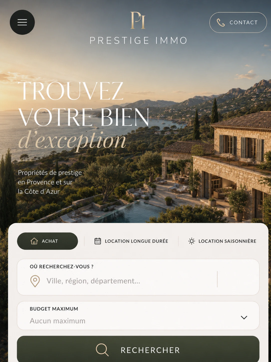 Interface immobilière Prestige Immo pour une recherche de biens de prestige