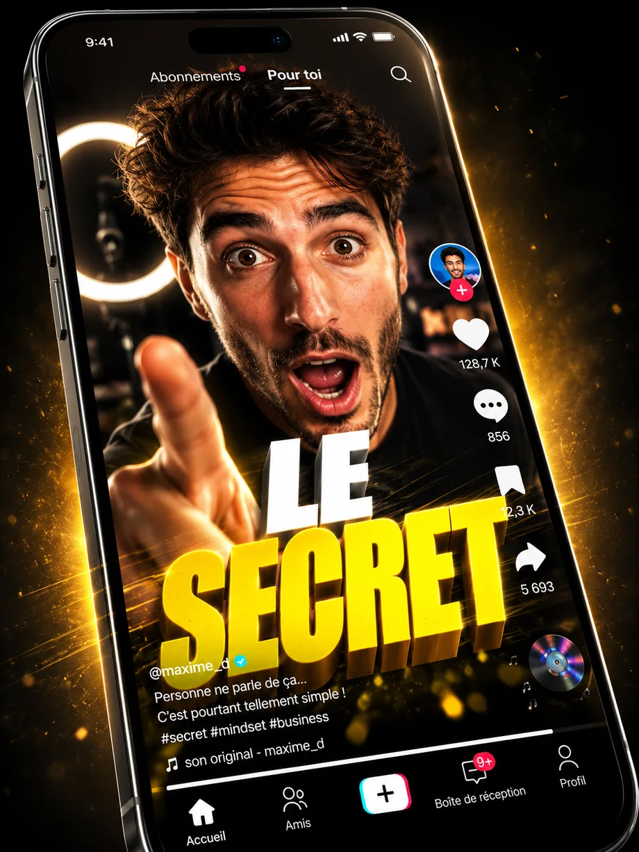 Visuel vertical de vidéo UGC dans une interface TikTok avec avatar IA face caméra et texte Le Secret