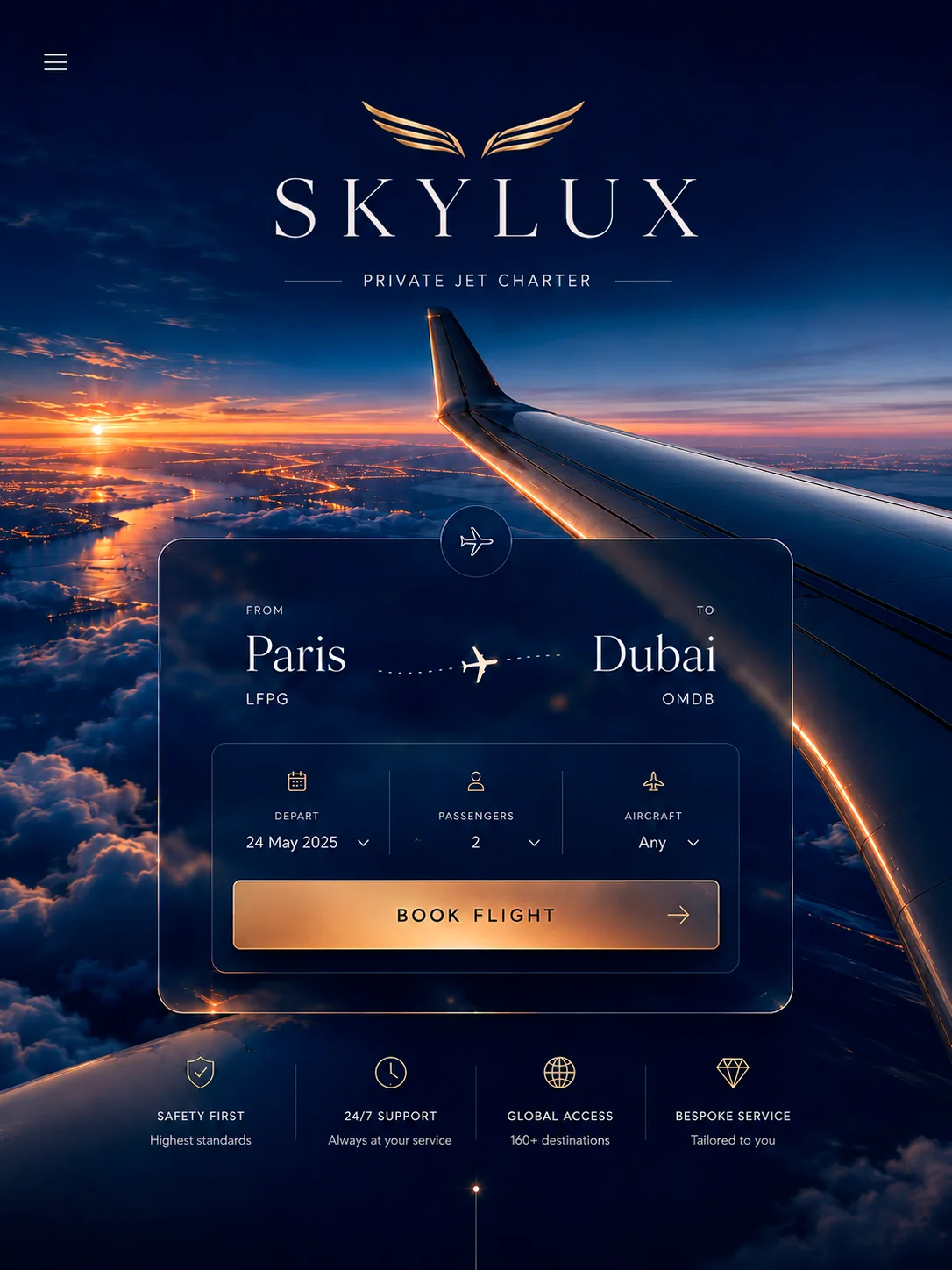 Design d'interface UI/UX et plateforme de réservation web pour l'aviation privée Skylux