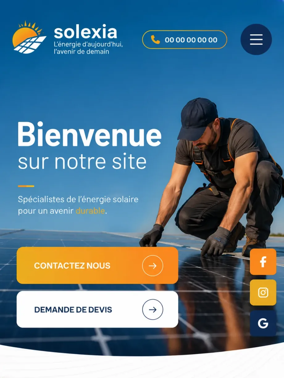 Site vitrine Solexia pour spécialiste de l'énergie solaire avec téléphone, appels à contacter l'entreprise et demande de devis