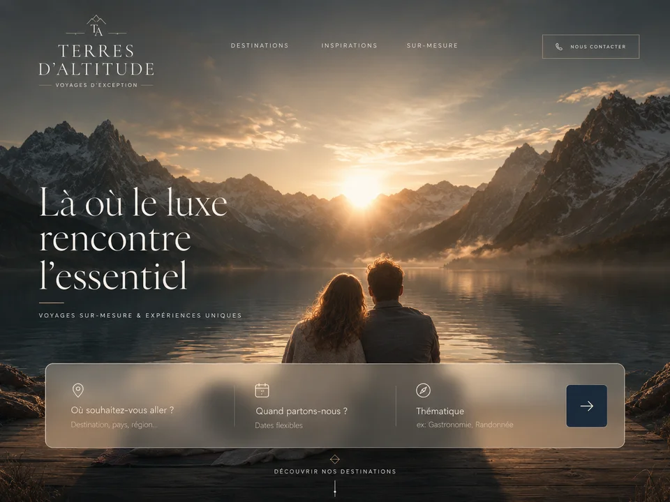 Page d'accueil du site Terres d'Altitude refondue par Arkeris pour une agence de voyage haut de gamme dans les Pyrénées