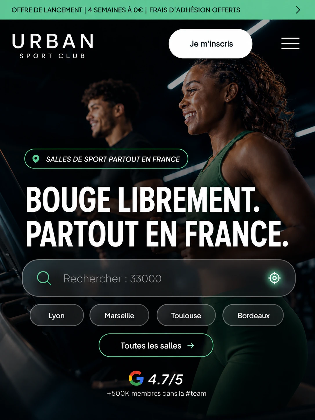 Interface Urban Sport Club pour une recherche de salles de sport en France