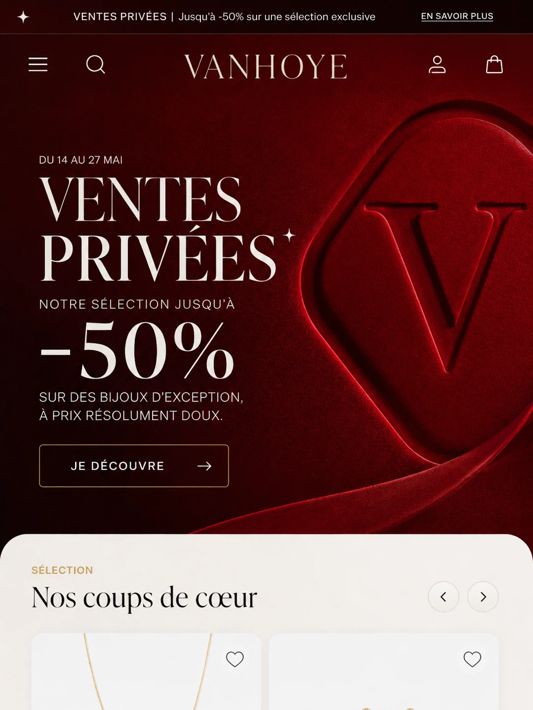 Interface e-commerce Vanhoye pour une opération de ventes privées bijoux