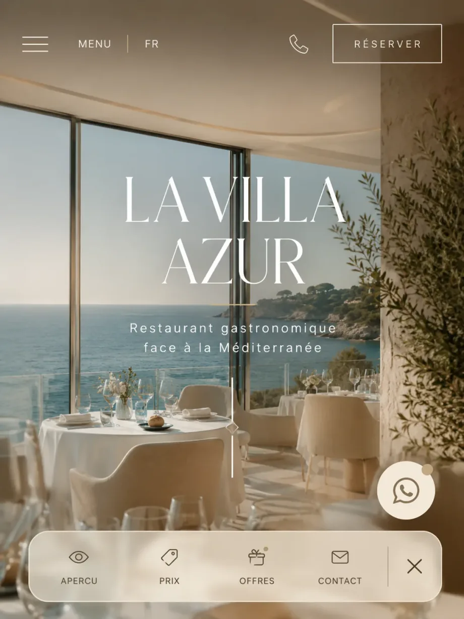 Site restaurant La Villa Azur avec vue mer, bouton de réservation, contact et navigation rapide vers offres et prix