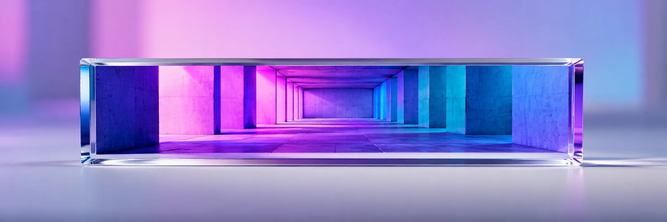 Tunnel architectural en verre bleu et violet, illustrant la modernisation progressive d'un site internet en refonte