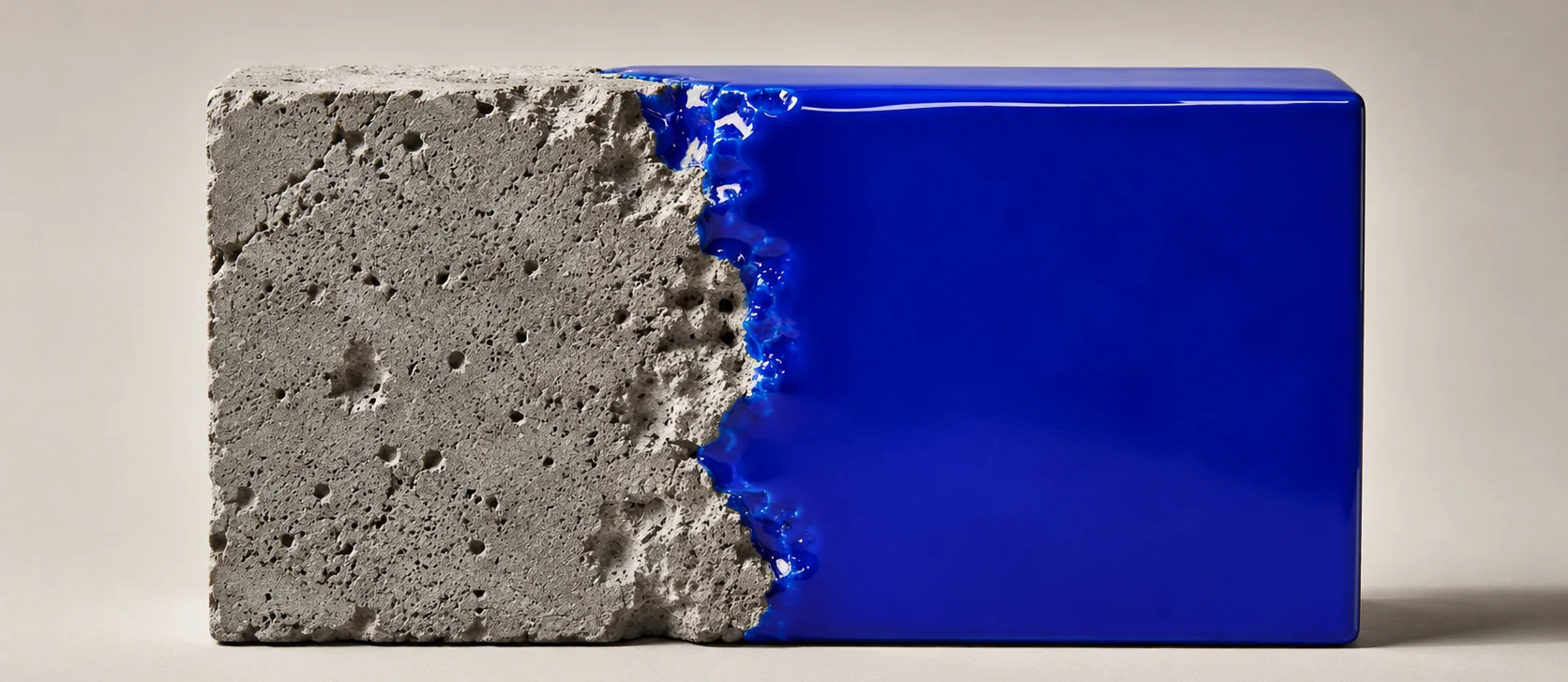Bloc de béton brut fusionné avec une surface bleue lisse, illustrant la modernisation d'un site internet en refonte