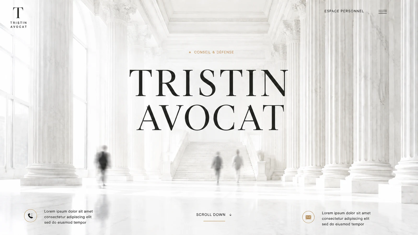 Silhouettes traversant un palais de justice pour présenter l’activité de conseil et défense de Tristin Avocat