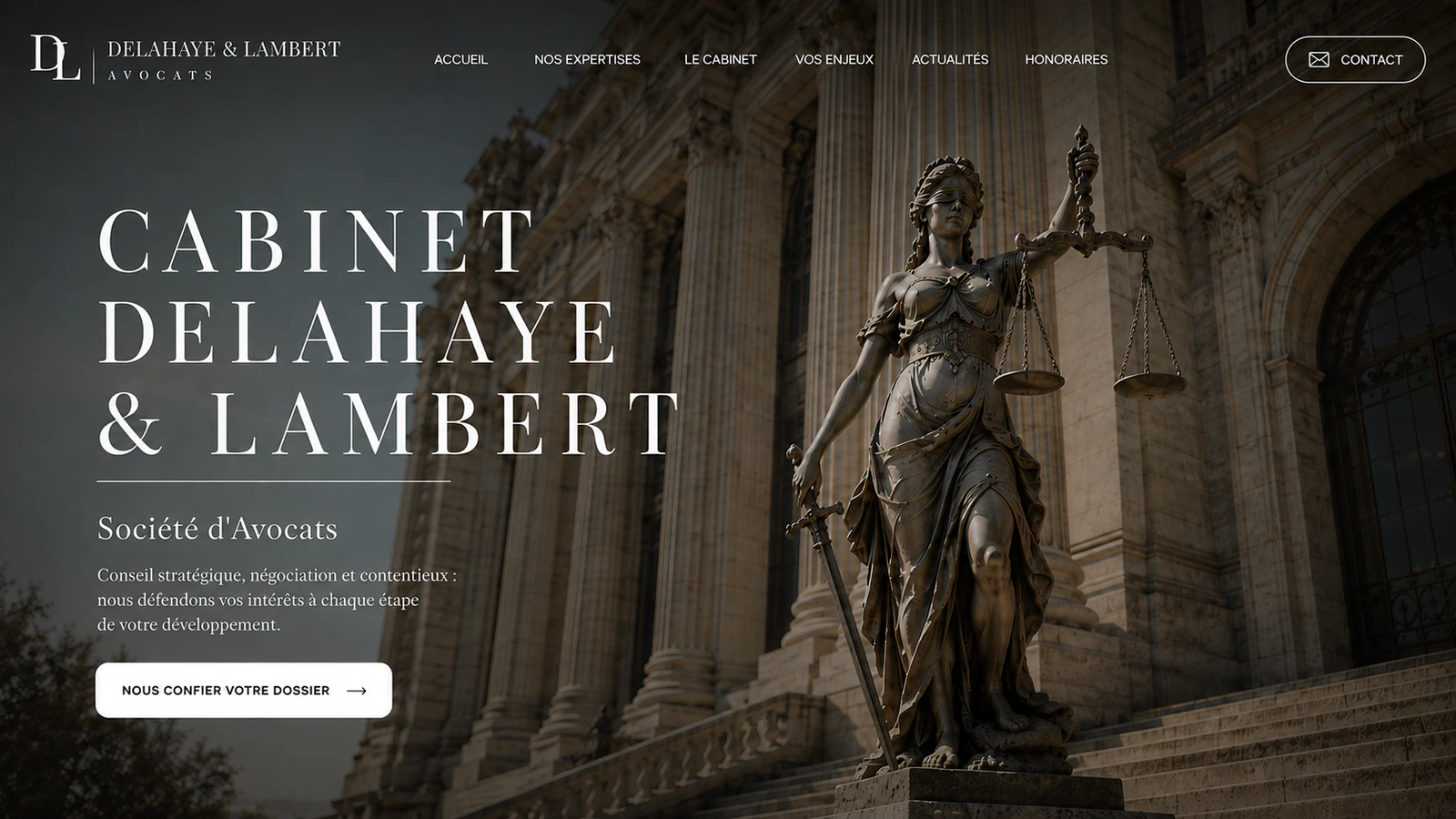 Statue de la Justice devant un palais de justice pour Delahaye & Lambert