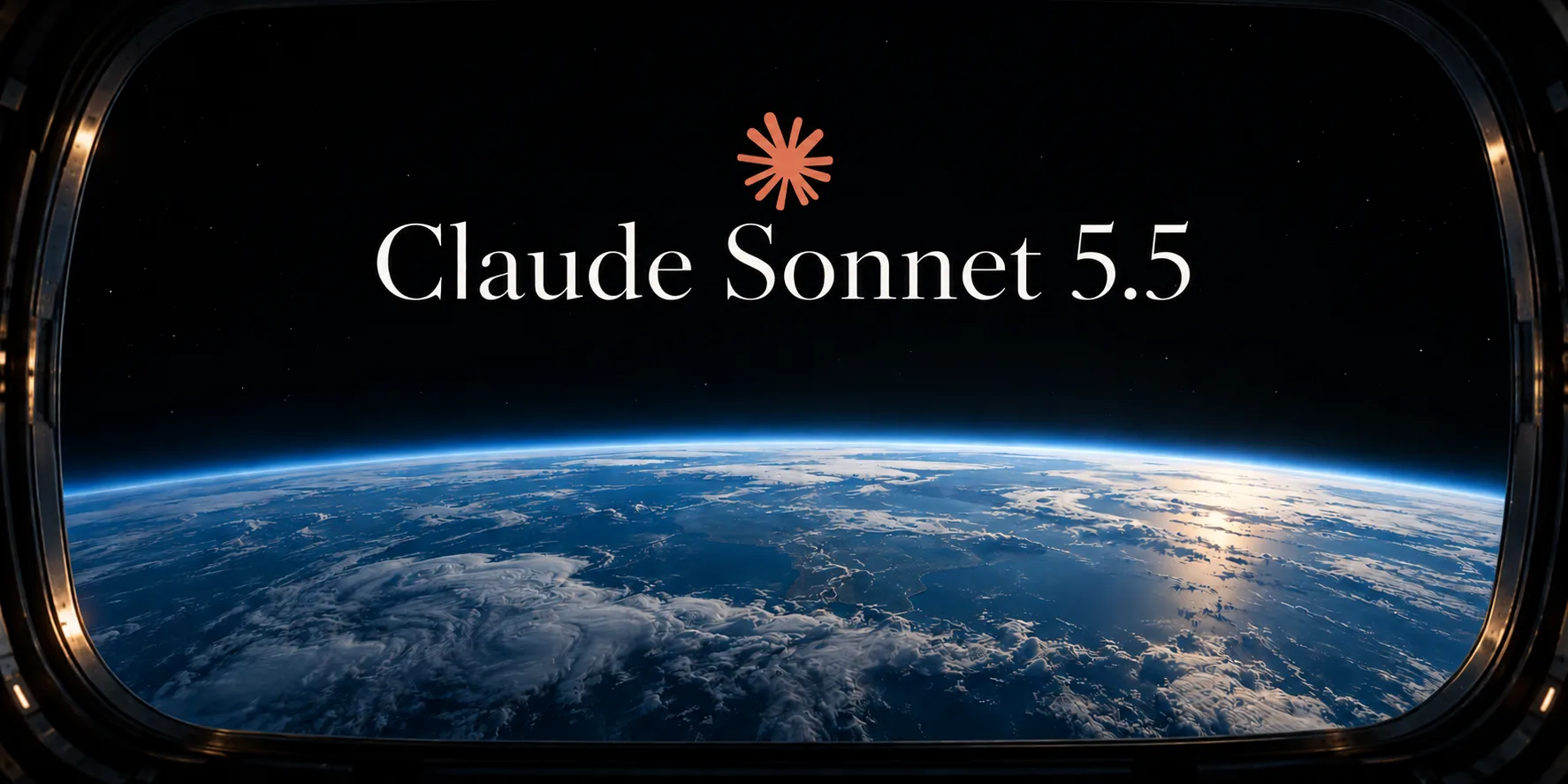 La Terre vue à travers le hublot d'un vaisseau spatial, sous le titre Claude Sonnet 5.5 et l'étincelle orange de Claude