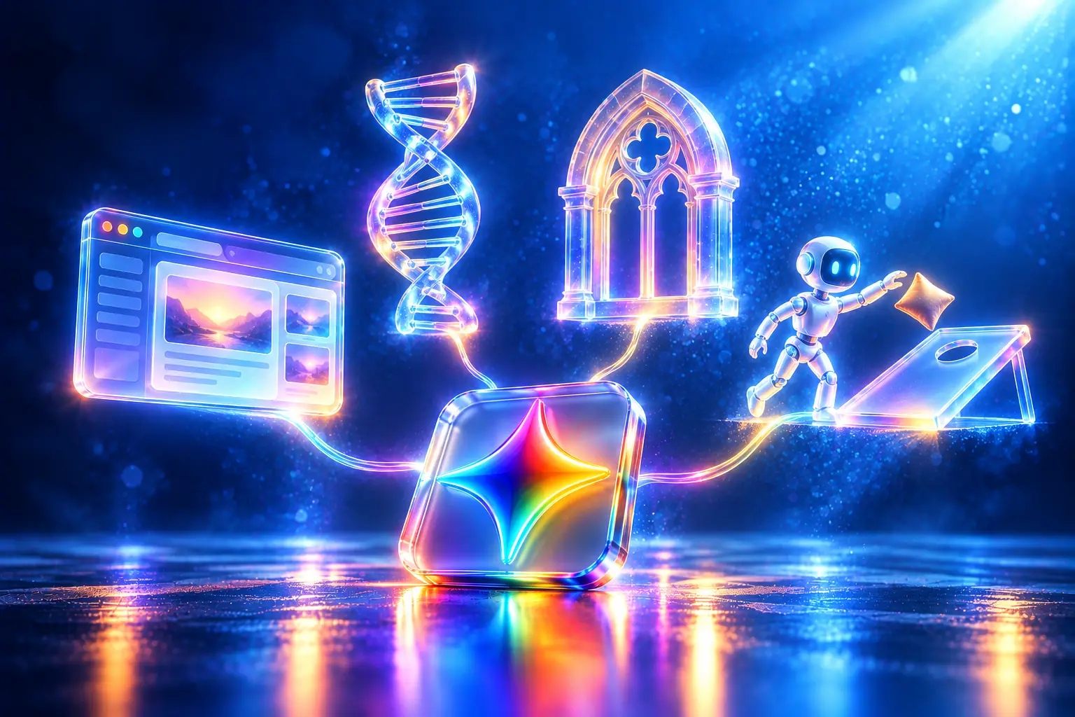 L'étoile multicolore de Gemini reliée par des filets de lumière à une fenêtre de navigateur, une double hélice d'ADN, une arche gothique en 3D et un petit robot qui lance un sac vers une planche de cornhole