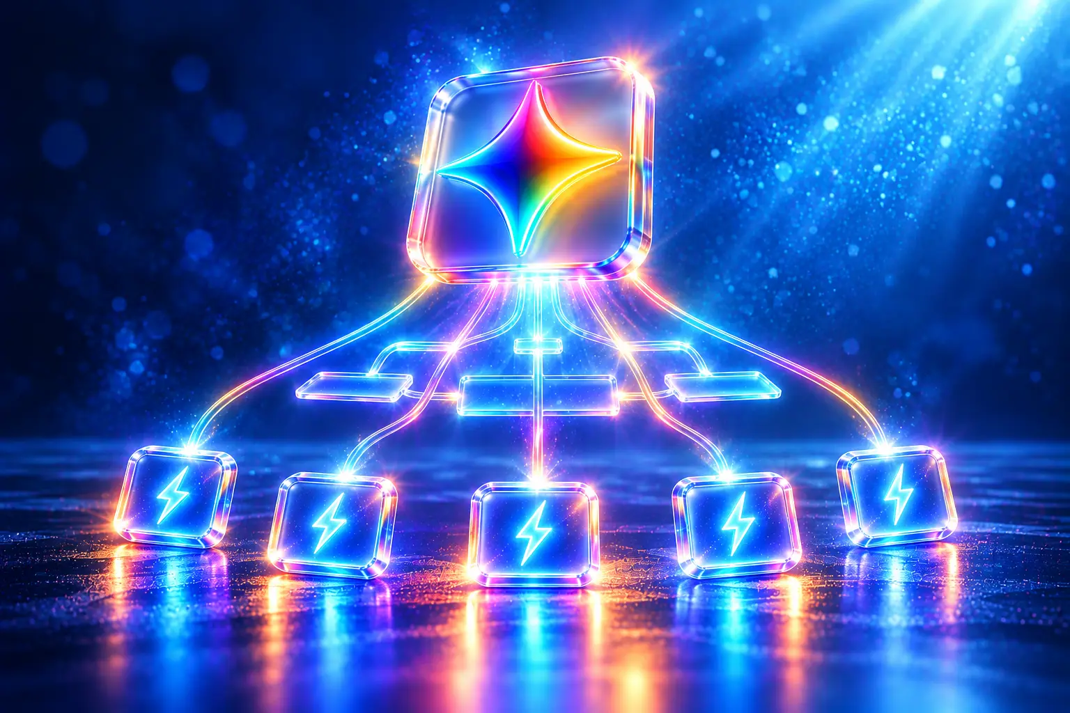 La grande étoile multicolore de Gemini, en hauteur, envoie des filets de lumière vers cinq petites tuiles de verre marquées d'un éclair, qui exécutent chacune une tâche