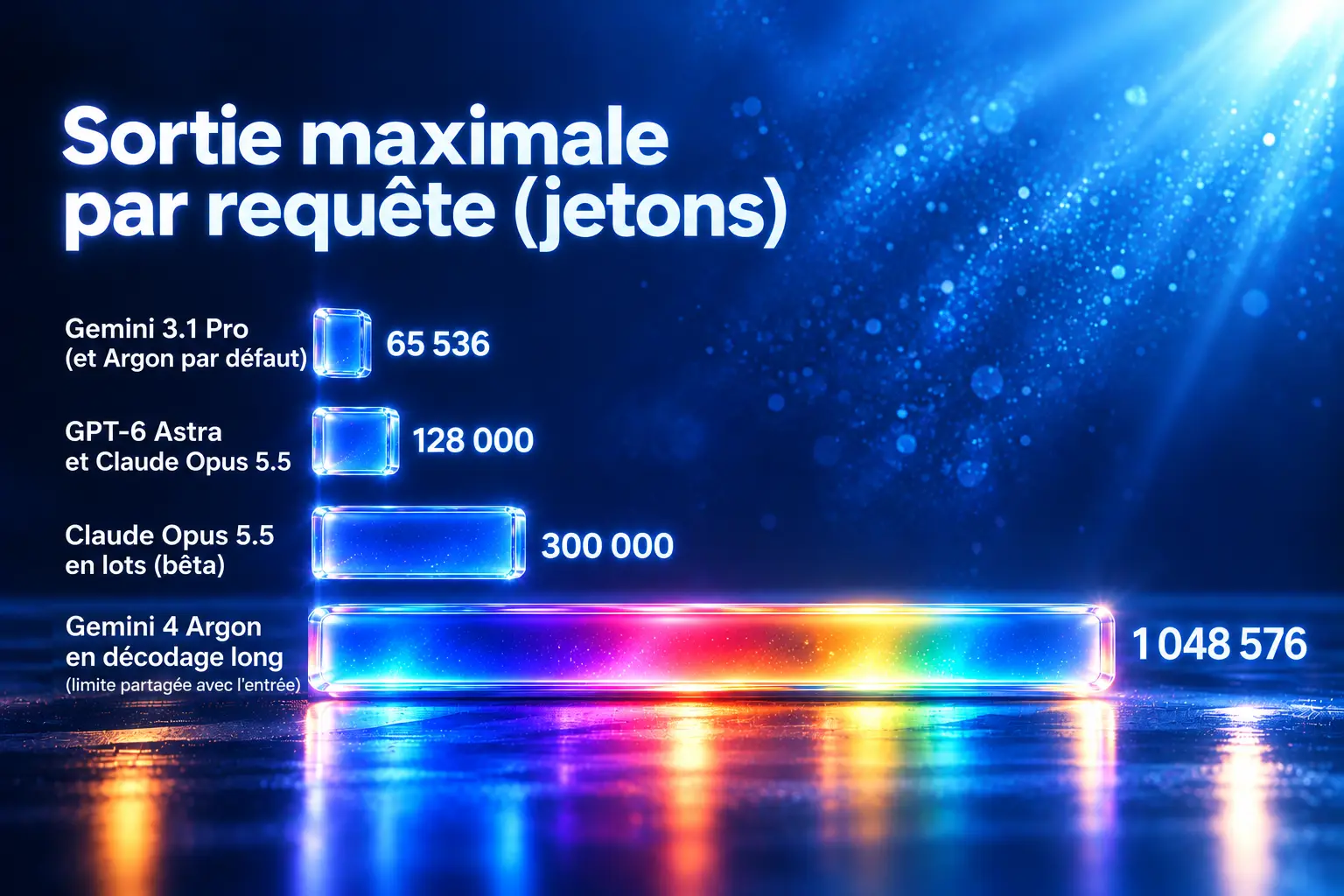 Infographie en barres : sortie maximale par requête, 65 536 jetons pour Gemini 3.1 Pro et Argon par défaut, 128 000 pour GPT-6 Astra et Claude Opus 5.5, 300 000 pour Claude Opus 5.5 en lots, 1 048 576 pour Gemini 4 Argon en décodage long, limite partagée avec l'entrée