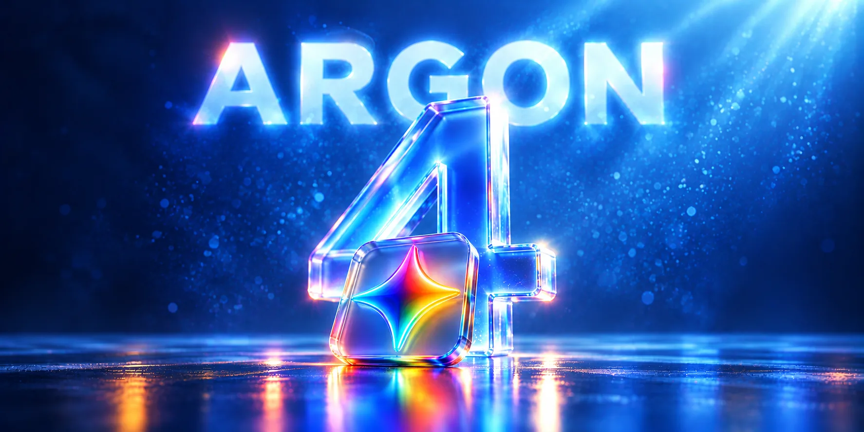 Le mot ARGON en lettres lumineuses au-dessus d'un grand chiffre 4 en verre, devant lequel une tuile de verre porte l'étoile multicolore de Gemini, sur fond bleu
