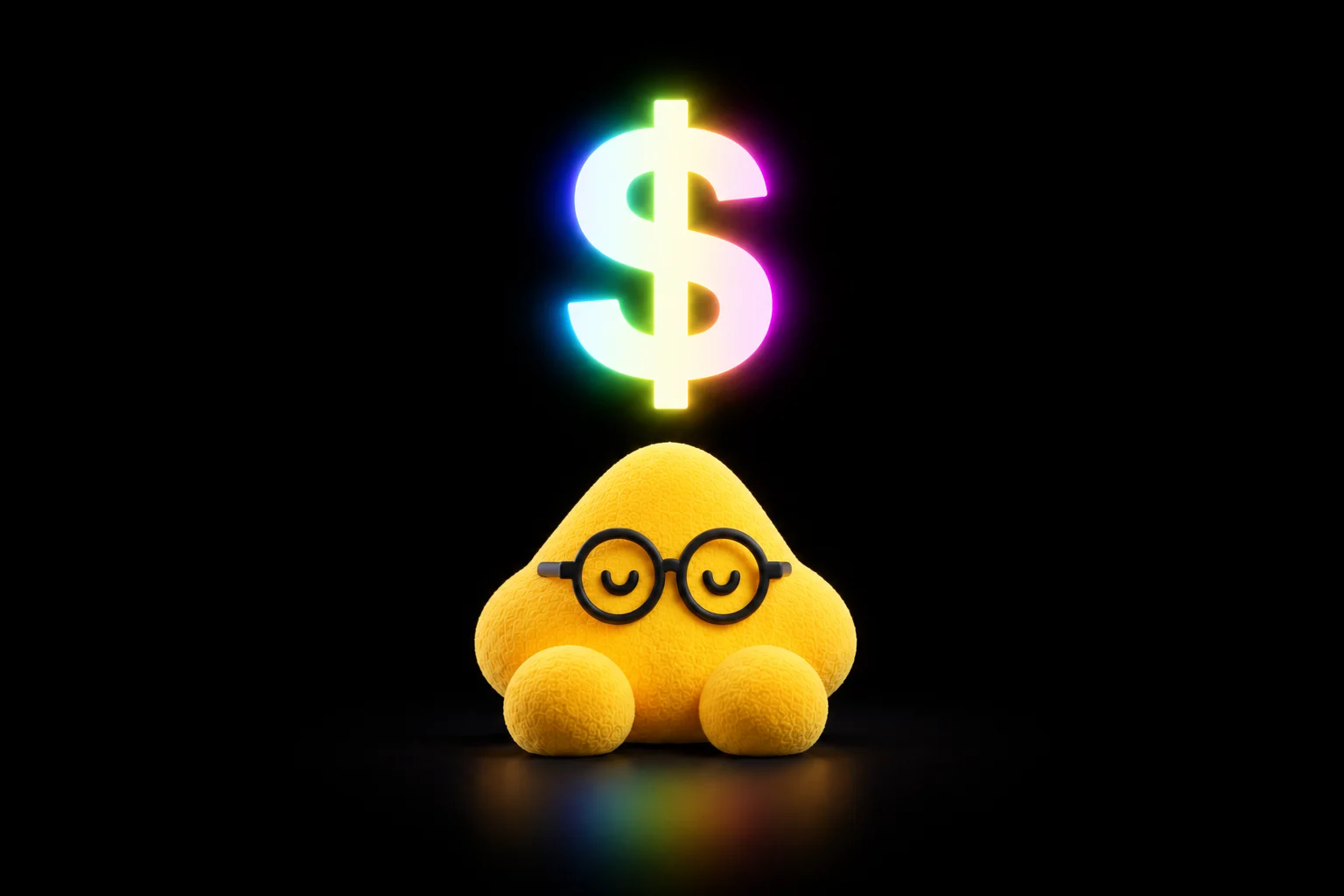 Un personnage en peluche jaune à lunettes rondes sous un grand symbole dollar lumineux