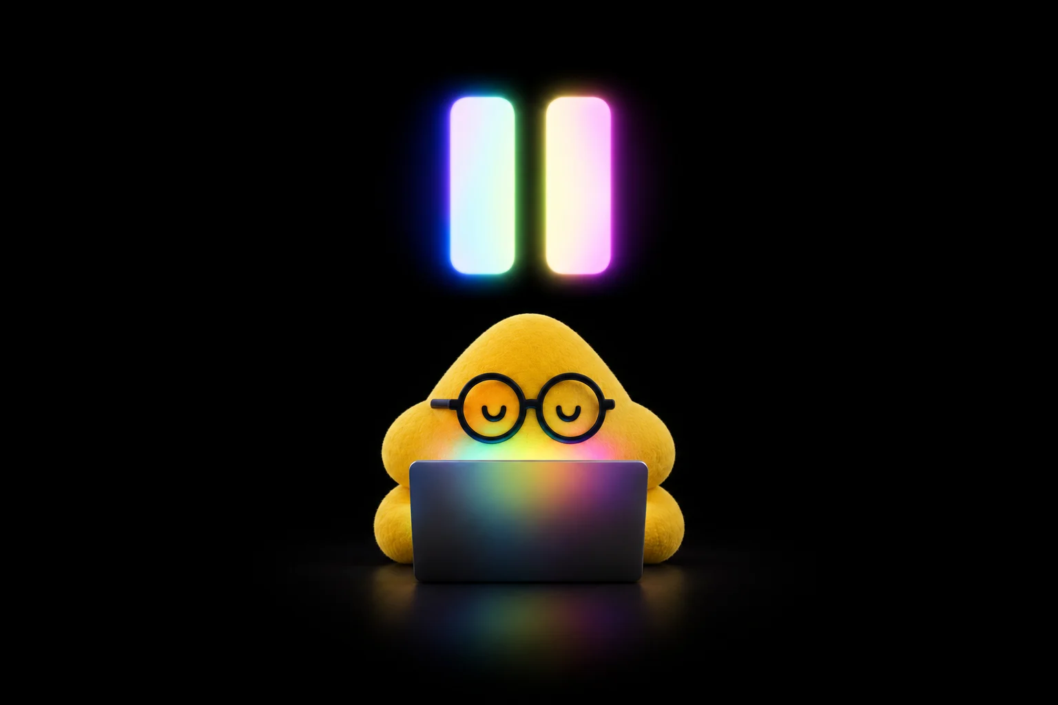 Un personnage en peluche jaune à lunettes rondes derrière un ordinateur portable, sous un grand symbole pause lumineux