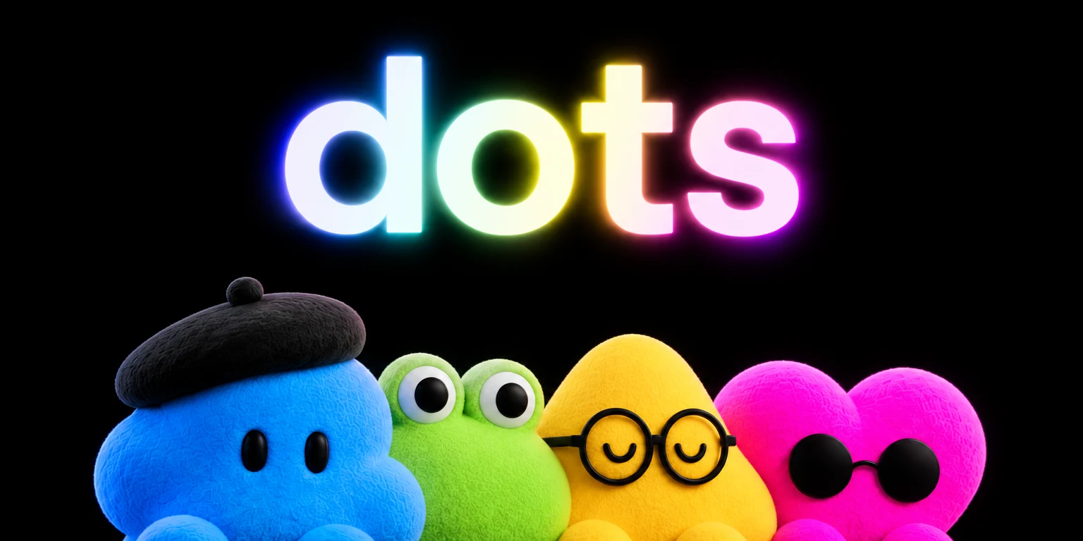 Le mot dots en lettres lumineuses au-dessus de quatre personnages en peluche colorés, d'après le visuel officiel d'OpenAI