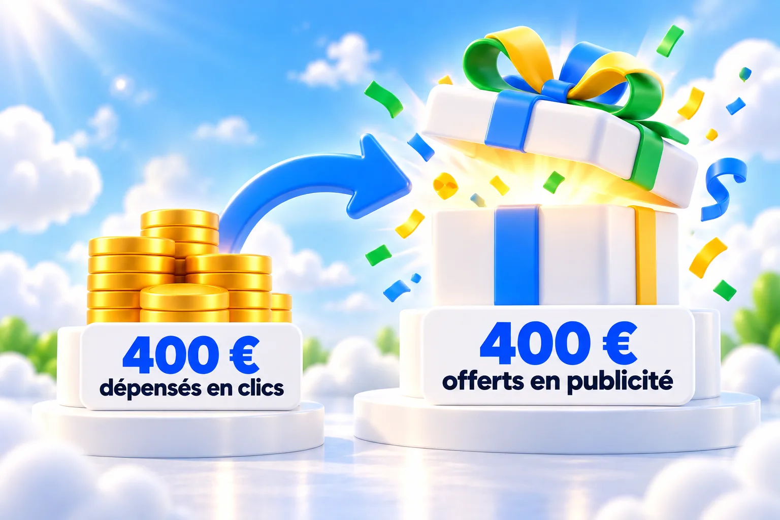 Une pile de pièces, 400 € dépensés en clics, reliée par une flèche à un coffret cadeau ouvert, 400 € offerts en publicité