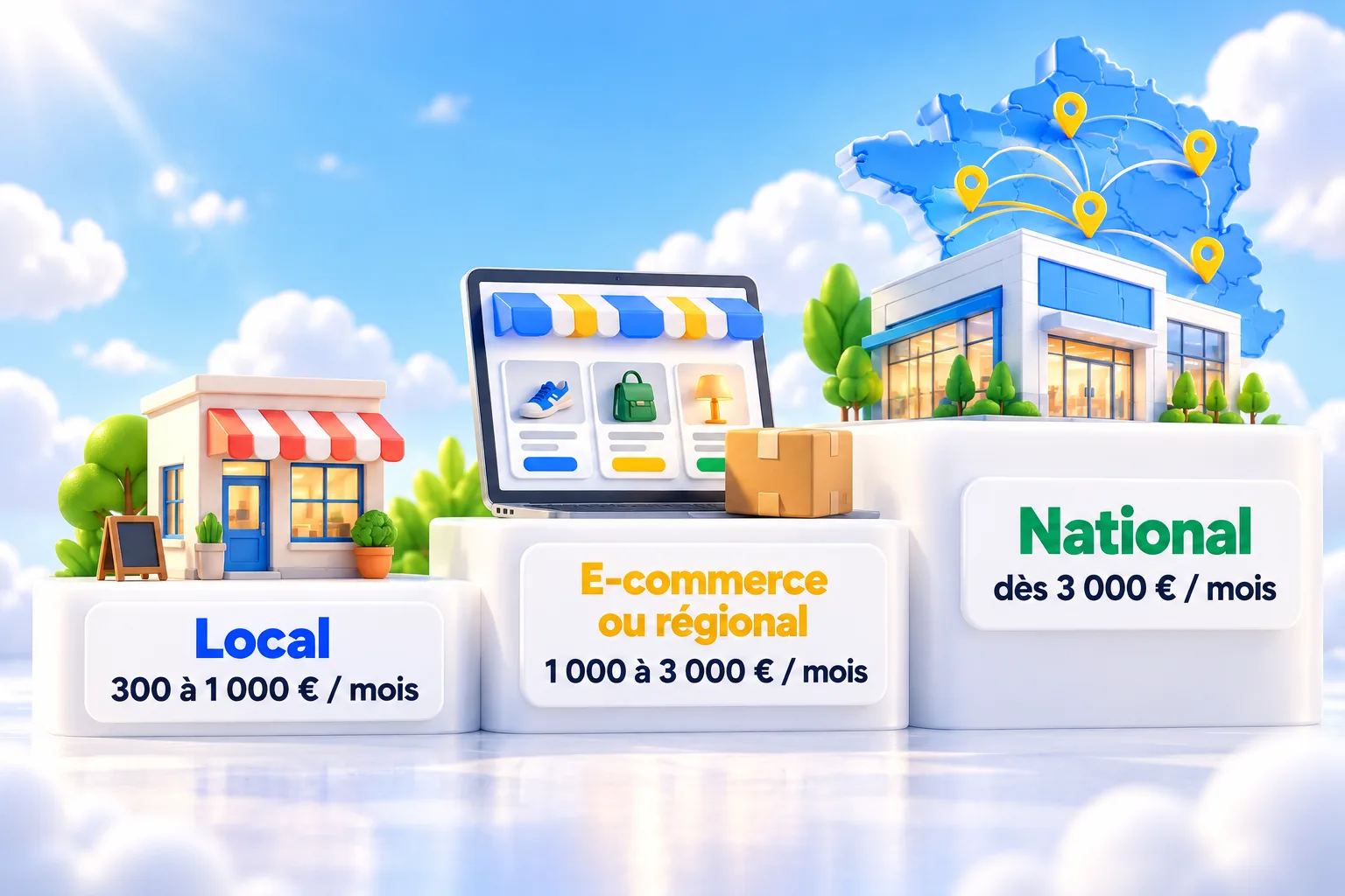 Trois socles de plus en plus hauts : une boutique de quartier, Local, 300 à 1 000 € par mois ; une boutique en ligne, E-commerce ou régional, 1 000 à 3 000 € par mois ; une grande enseigne devant la carte de France, National, dès 3 000 € par mois