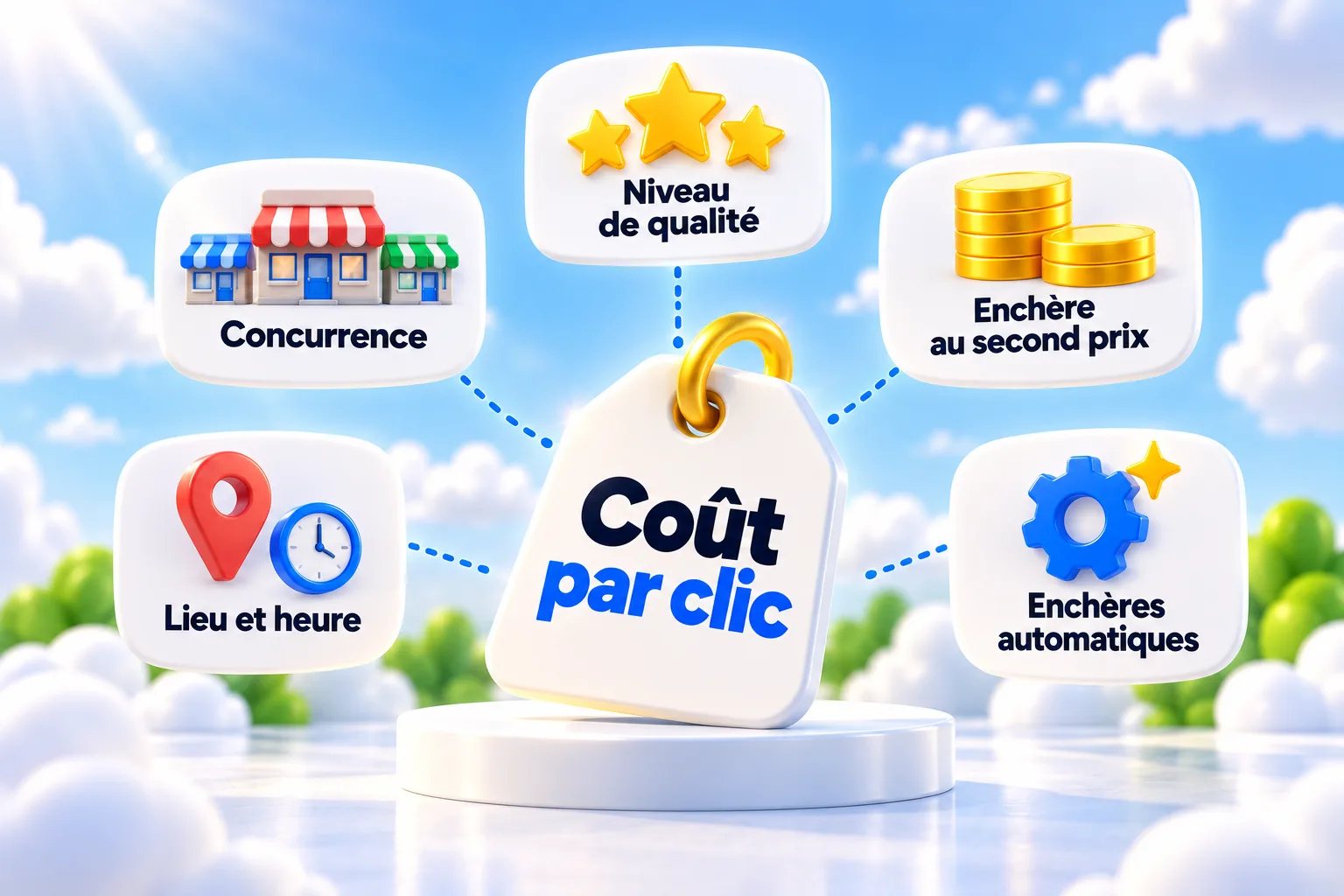 Une étiquette Coût par clic entourée de cinq facteurs : concurrence, niveau de qualité, enchère au second prix, lieu et heure, enchères automatiques
