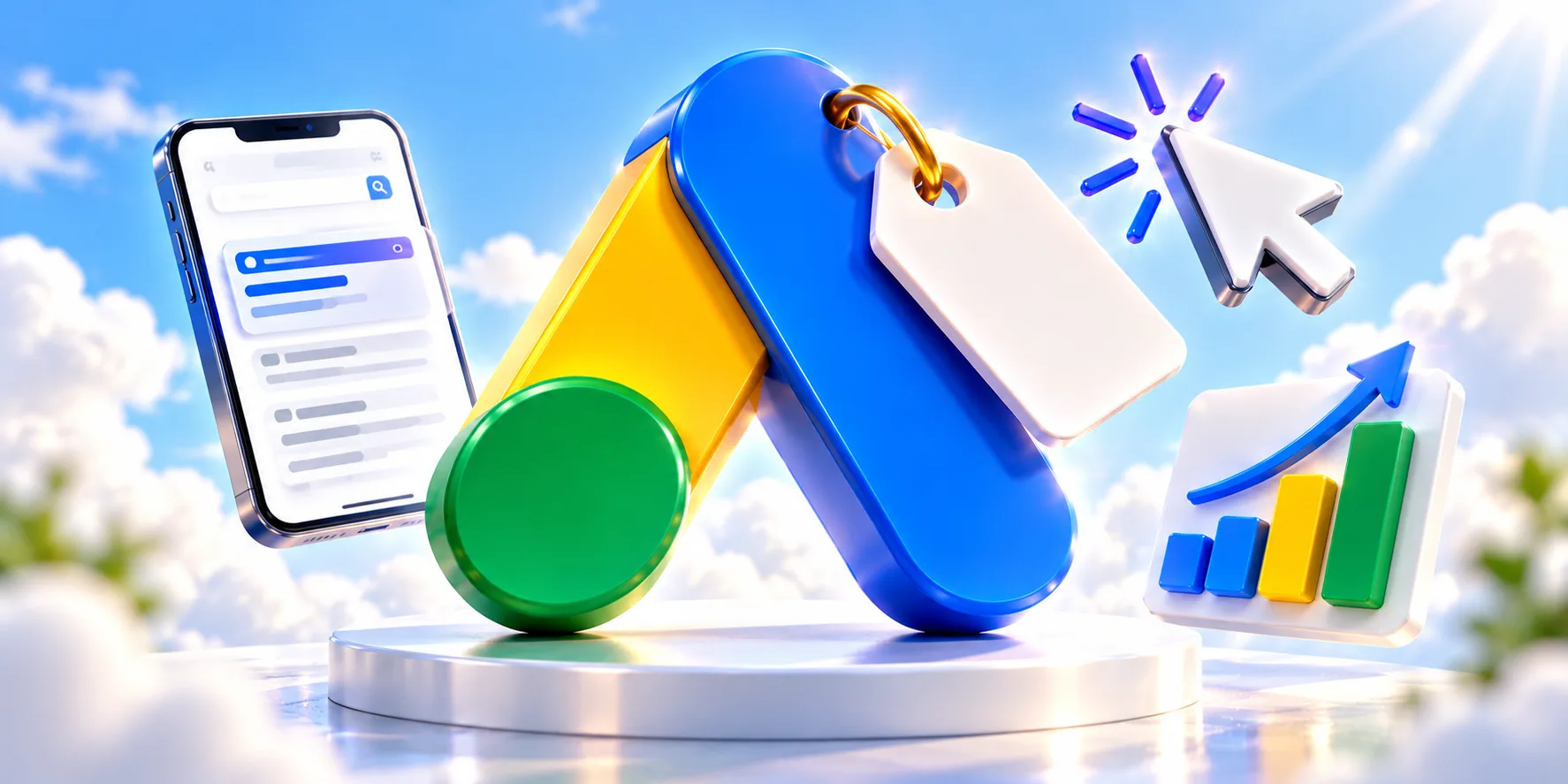 Le symbole de Google Ads en 3D sur un socle, avec une étiquette de prix accrochée, entouré d'un smartphone qui affiche une annonce, d'un clic de souris et d'un graphique en hausse