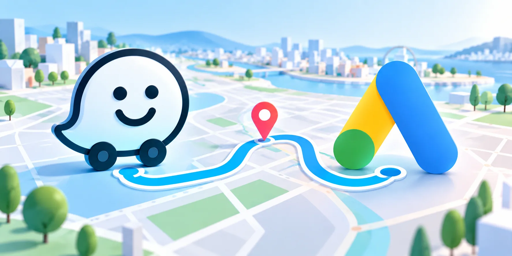 Les logos de Waze et de Google Ads reliés par un itinéraire sur une carte, avec un repère de localisation