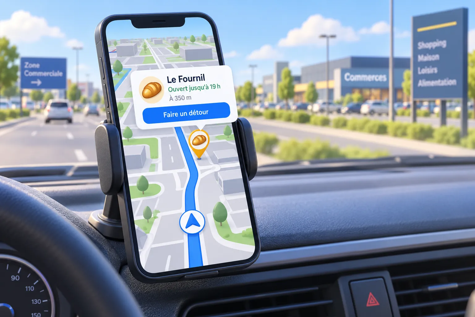 Smartphone fixé au tableau de bord qui affiche un itinéraire GPS, avec le repère sponsorisé d'une boulangerie au bord de la route et sa fiche : ouvert jusqu'à 19 h, à 350 m, bouton Faire un détour