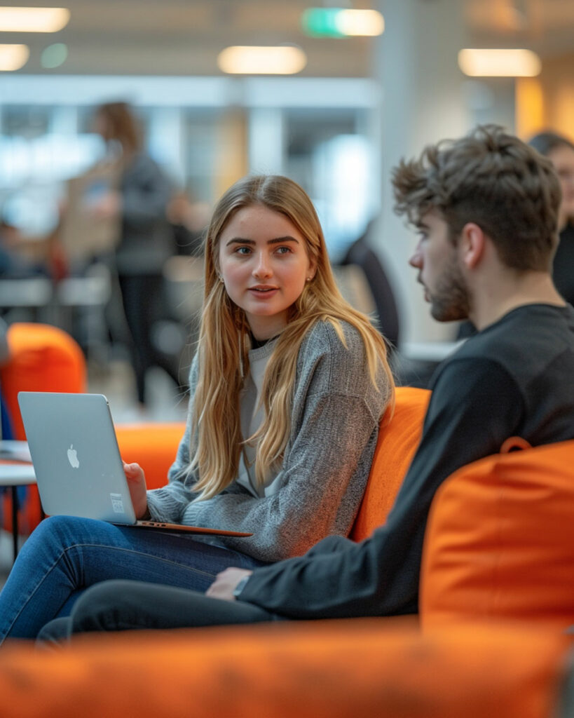 Discussion entre deux jeunes professionnels dans les locaux d'une agence web, avec un ordinateur portable Apple sur les genoux, symbolisant la collaboration et l'innovation digitale.