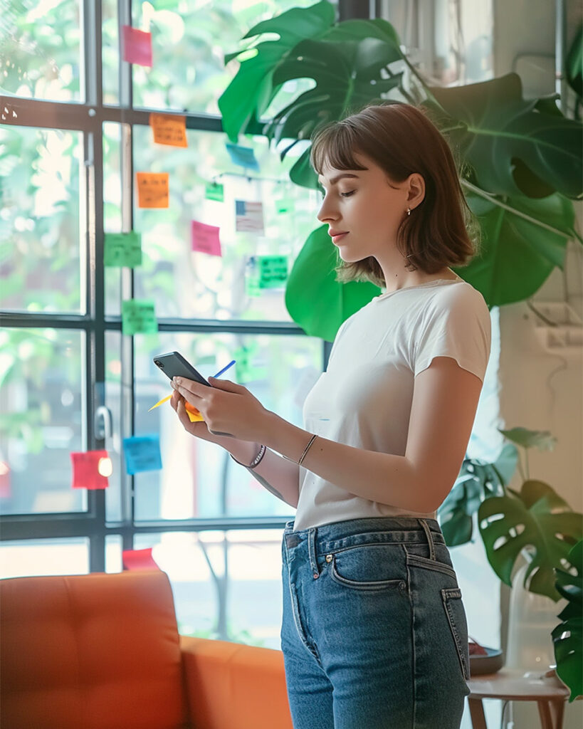 Chef de projet digital utilisant un smartphone pour organiser des tâches devant un tableau rempli de post-it, dans un espace de travail moderne et créatif.