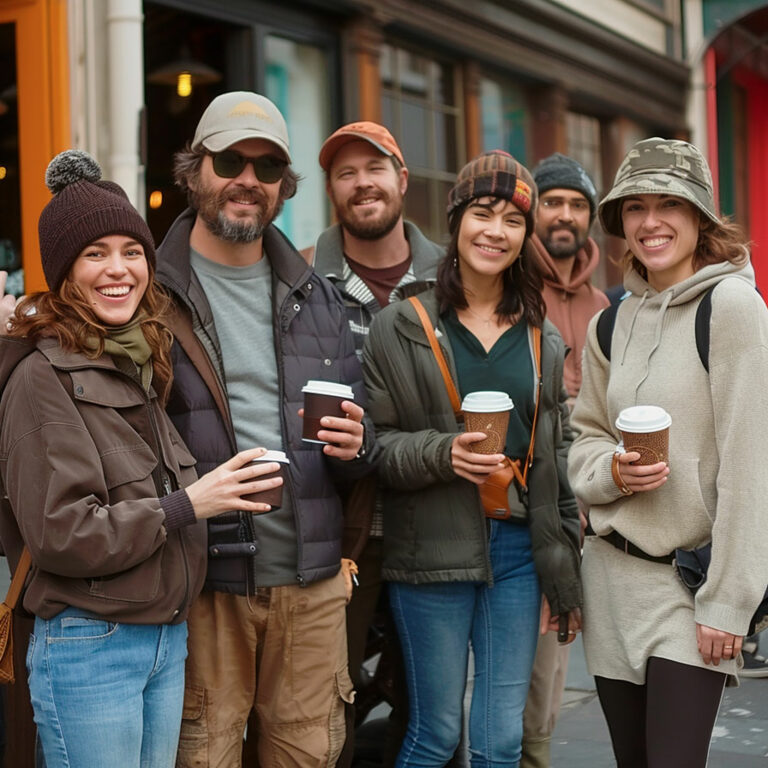 Équipe de créatifs en pause café, partageant un moment convivial en extérieur, tous souriants et prêts à collaborer sur de nouveaux projets innovants.