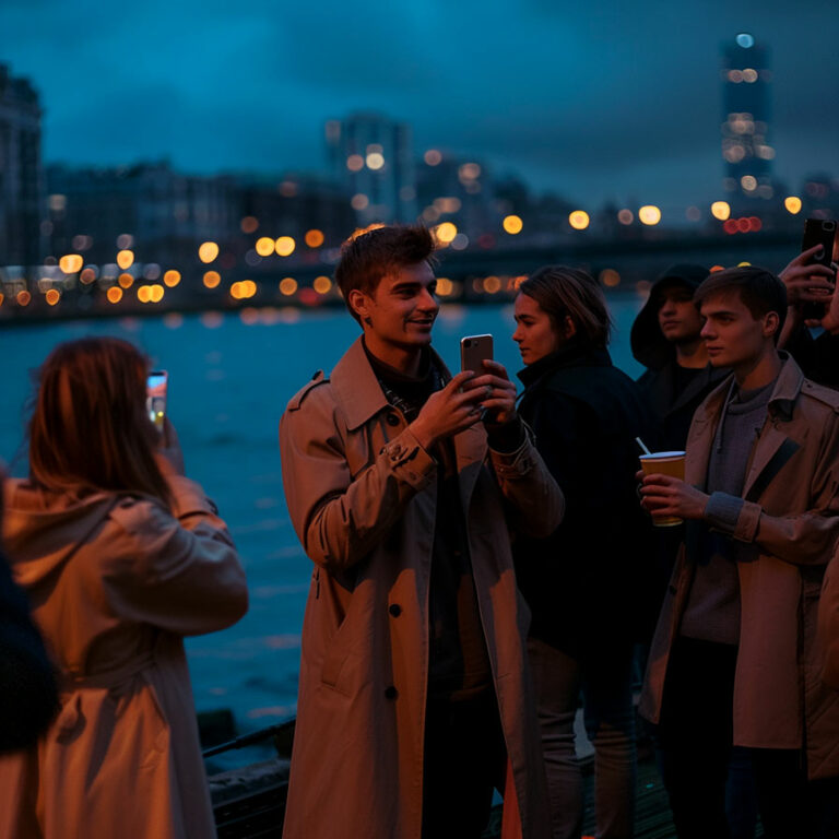 Groupe de jeunes créatifs de l'agence web capturant des moments avec leurs smartphones lors d'une sortie en soirée, avec des lumières de la ville en arrière-plan, symbolisant l'équilibre entre travail et convivialité.