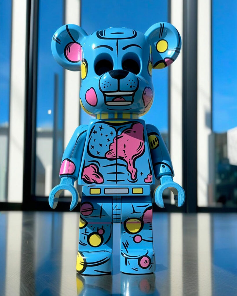 Figurine d'ours en édition limitée, aux couleurs vives et motifs graphiques, exposée dans les locaux d'une agence web pour illustrer la créativité et l'originalité dans un environnement de travail moderne.